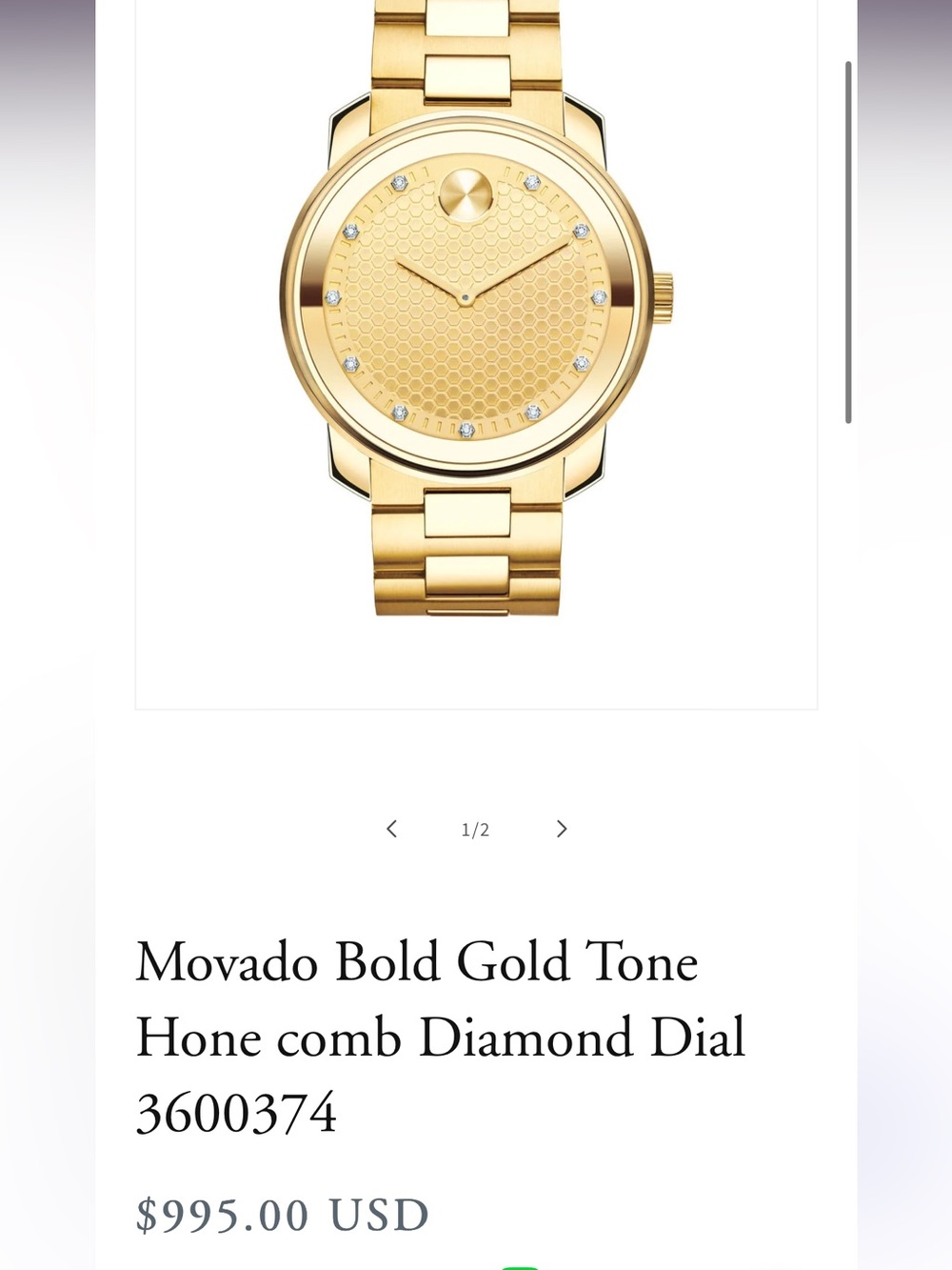 MOVADO Bold Gold Plated Honeycomb  Diamond Dial Men's Watch 3600374 - USED